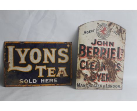 TWO ENAMEL SIGNS - "JOHN BERRY LIMITED CLEANERS AND DYERS" (DOUBLE SIDED) measures 48cm x 34cm, together with a Lyons "Tea So
