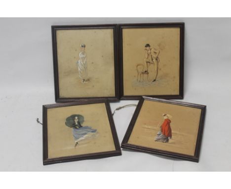 A SET OF FOUR FRAMED FIGURAL PORTRAIT WATERCOLOURS OF LADIES AND GENTLEMAN signed with a monogram A in a circle