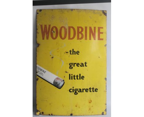 AN ENAMEL SIGN - A PICTORIAL TYPE "WOODBINE" CIGARETTES (YELLOW GROUND) measures 61cm x 92cm