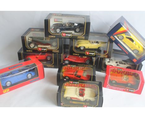 ELEVEN BOXED 1:18 SCALE VEHICLES BY BURAGO AND MAISTO, to include Ferrari 250 GTO, Lamborghini, Jaguar E types, Bugatti, Lamb