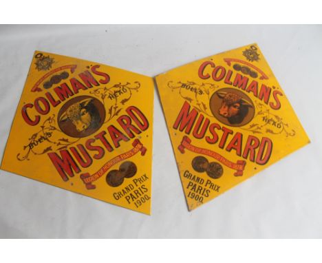 ENAMEL SIGN - 2 LOZENGE SHAPE "COLMAN'S MUSTARD" (POSSIBLY REPRODUCTION), H 69 cm x W 52 cm  Condition Report:Both with rust 