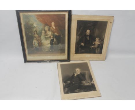 THREE PORTRAIT ENGRAVINGS ONE TITLED 'RICHARD ARKWRIGHT' ONE BEING A COLOURED GROUP PORTRAIT, AND THE OTHER OF A VICTORIAN GE