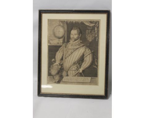 A FRAMED AND GLAZED PORTRAIT ENGRAVING OF FRANCIS DRAKE TITLED 'FRANCISCVS DRAECK NOBILISSIMVS EQVES ANGLIAE AN AET SVE'