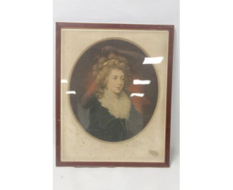 A FRAMED AND GLAZED OVAL PORTRAIT COLOURED ENGRAVING SIGNED IN PENCIL TO THE LOWER RIGHT
