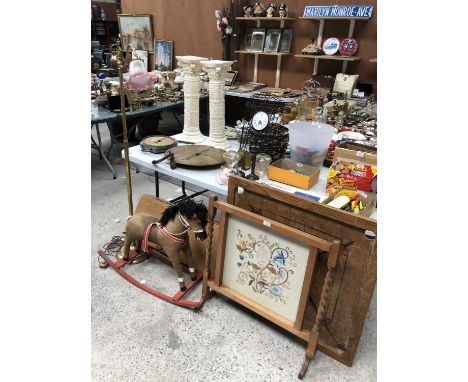MIXED ITEMS - AN ARTS AND CRAFTS TAPESTRY WITH WOODEN FRAME, DRESSING SCREEN, GAMES BOARD, BRASS LAMP AND SHADE AND ROCKING H
