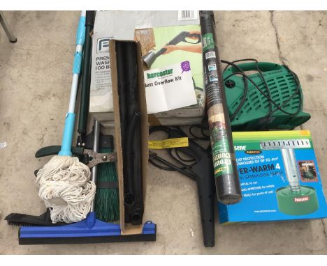 A MIXED GARDENING LOT TO INCLUDE A PERFORMANCE PRESSURE WASHER IN WORKING ORDER, VARIOUS TOOLS AND A PARASENE GREENHOUSE HEAT