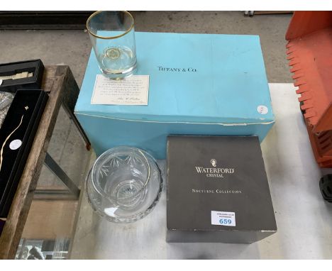 A BOX OF 'TIFFANY AND CO' DRINKING GLASSES AND WATERFORD CRYSTAL ITEM 