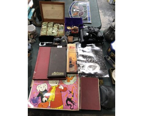 A MIXED GROUP OF ITEMS, SCALES, BINOCULARS, BOOKS ETC 