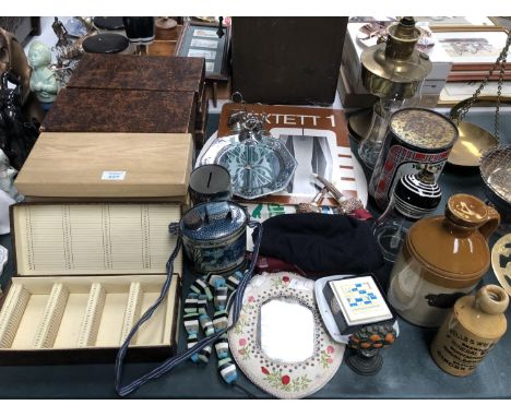A MIXED GROUP OF ITEMS - EMPTY SPECIMEN BOXES, BRASS OIL LAMP ETC 