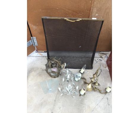 THREE ORNATE LIGHT FITTINGS TO INCLUDE A LANTERN STYLE AND AN ORNATE PENDANT/CRYSTAL DROP AND A BLACK AND BRASS FIREGUARD 