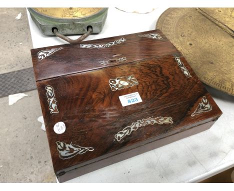 A MOTHER OF PEARL INLAID WRITING SLOPE WITH INNER INKWELL SECTIONS 
