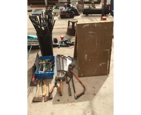 VARIOUS TOOLS TO INCLUDE AXES, SAWS, SHEARS, A PASTING TABLE AND A SET OF DRAINING RODS 