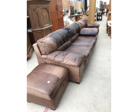 A BROWN LEATHER TWO SEATER SOFA WITH MATCHING ARMCHAIR AND FOOTSTOOL 