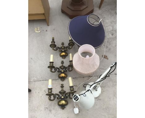A WHITE ANGLEPOISE LAMP, TWO FURTHER TABLE LAMPS ALL IN WORKING ORDER AND THREE WALL LIGHTS 