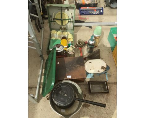 A LOT OF VINTAGE ITEMS TO INCLUDE PANS, PICNIC HAMPER, SCALES, BAKING TINS, SODA SYPHONS ETC 
