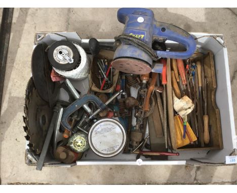 VARIOUS TOOLS TO INCLUDE A PALM SANDER, FILES, RASPS, SAW DISCS, G CLAMPS ETC IN WORKING ORDER 