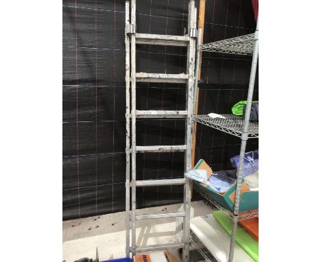 A FOURTEEN RUNG TWO SECTION ALUMINIUM STEP LADDER 