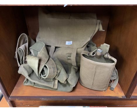 A VINTAGE ARMY BAG AND FLASK 