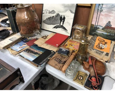 A MIXED GROUP OF ITEMS - MINERS LAMP, CLOCK, BOOKS ETC 