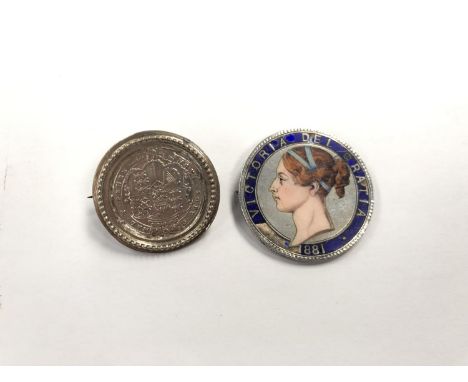 TWO SILVER COIN PIN BROOCHES, ENAMEL 1881 AND 1817 