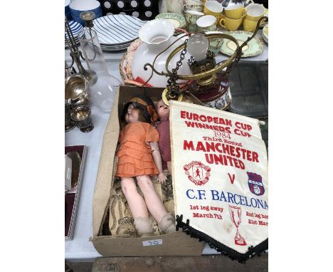 TWO VINTAGE DOLLS, LIGHT FITTINGS ETC 