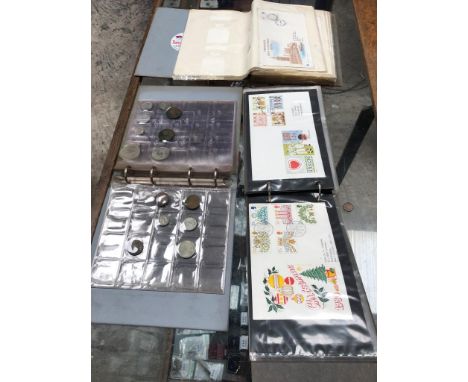 TWO FOLDERS OF FIRST DAY COVERS AND FOLDER OF COINS 