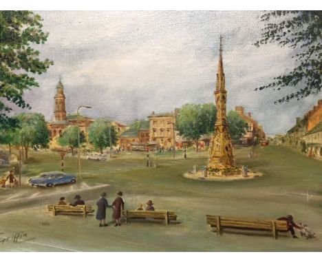 Griffin, signed, 20th century, market town street scene with figures and cars, oil on canvas, 25cm x 35cm. Condition: general