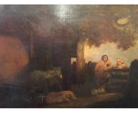 Follower of George Morland (1763-1804), figures chatting at fence with pig, dog and donkey behind, oil on canvas, 70cm x 91cm