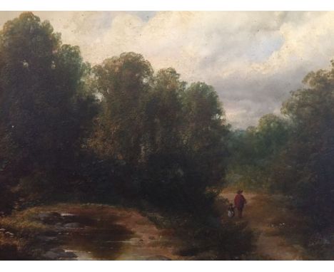 British School, 19th/ 20th century, two figures walking through woodland landscape, oil on board, 34cm x 41cm. Condition: sur
