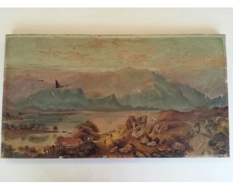 Scottish school, oil painting on canvas, several holes, Scottish loch scene with buildings and figures, 19thC 45.5 x 25.5 cm.