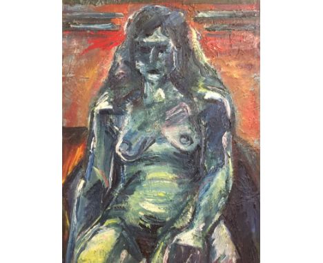 Sylvia Harris (British 1920-2012), signed verso and with studio stamp, portrait of a figure, oil on board, 76cm x 51cm. Condi