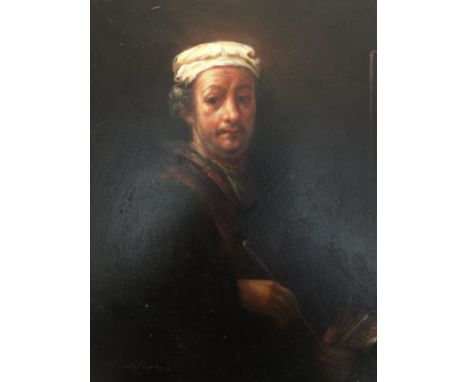 R. Wilson, contemporary, after Rembrandt portrait of the artist, oil on board, 25cm x 20cm. Condition: some scuffs generally 