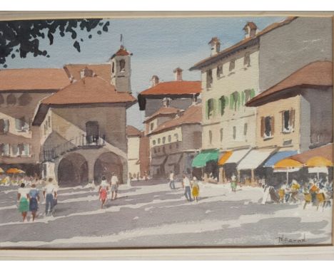 English school, framed and glazed Italian cafe square with figures watercolour signed lower right PH Brown 33 x 22.5 cm (fram