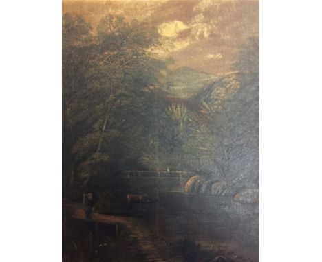 English School, 19th century, figures in river landscape with cattle, oil on canvas. 35cm x 30cm. Condition: as found