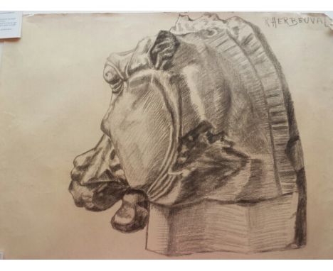 Belgian school, large mid 20thC art drawing of a stone horse head (view from rear), believed to be a Parthenon sculpture - Ch