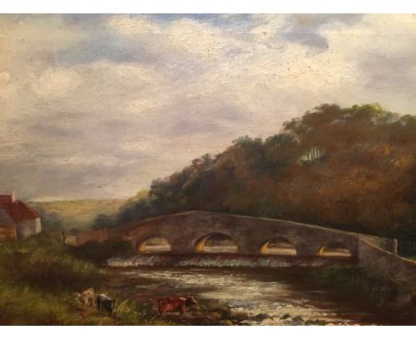 British School, 19th century, cattle watering by river with stone bridge and woodland beyond, oil on canvas, 25.5cm x 35.5cm.