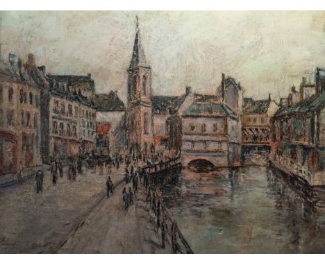 French School, 1940’s, indistinctly signed, European city scene with figures, buildings and river, oil on canvas, 45cm x 55cm