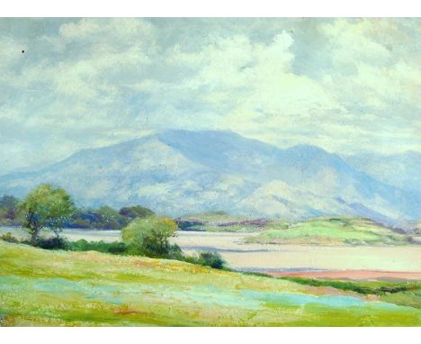Welsh school, oil on board of Moel Hebog, Snowdonia, Wales.  Signed lower left with initials and harp symbol for Edward Steel