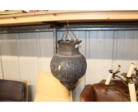 A copper and coloured glass Eastern hanging lantern 