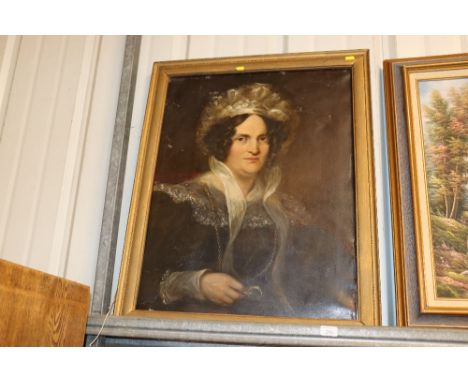 19th Century school, oil on canvas, half portrait study of a lady with lace cap and eyeglass 