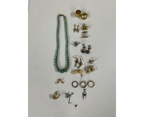 A Jade coloured bead necklace, pair of 9ct Ciro pearl earrings, yellow metal earrings, cuff-links and various other costume j