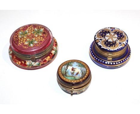 A Victorian ruby glass and enamel decorated rouge pot with hinged lid; a smaller similar the lid decorated with hunting scene