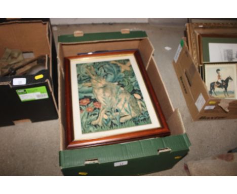 A framed jigsaw puzzle of a seated hare; various framed prints, maps etc.