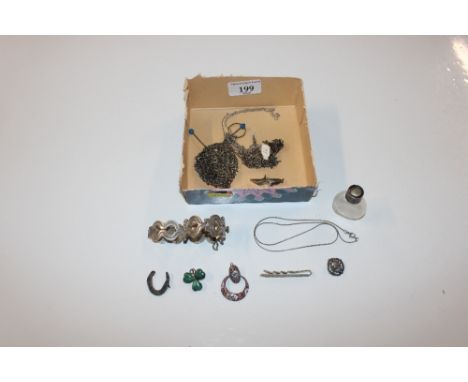 A box containing various silver and white metal items, an enamel decorated ear-ring, a malachite and silver brooch; a silver 