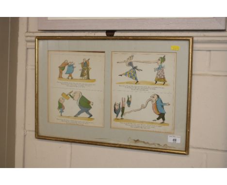 Four humorous coloured prints, framed as one