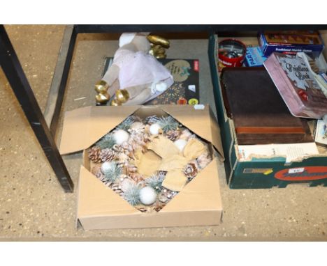 A Christmas wreath light; a toy reindeer etc. 