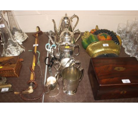 A quantity of plated teaware; four pairs of vintage scissors etc.