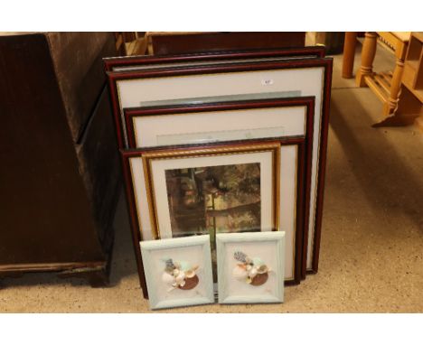 Two sea shell collages and a quantity of decorative prints, some in faux walnut frames