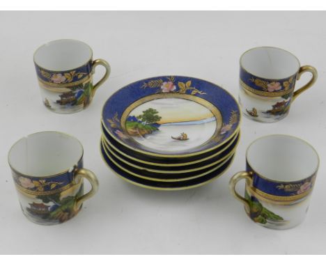 Four Nuritake cups and five saucers, decorated with river scenes on a blue and white ground.