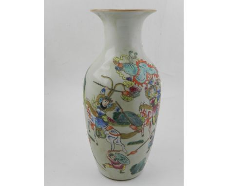 A Chinese porcelain baluster vase, with everted rim, decorated in the famille rose palette with battle scenes, bears seal mar